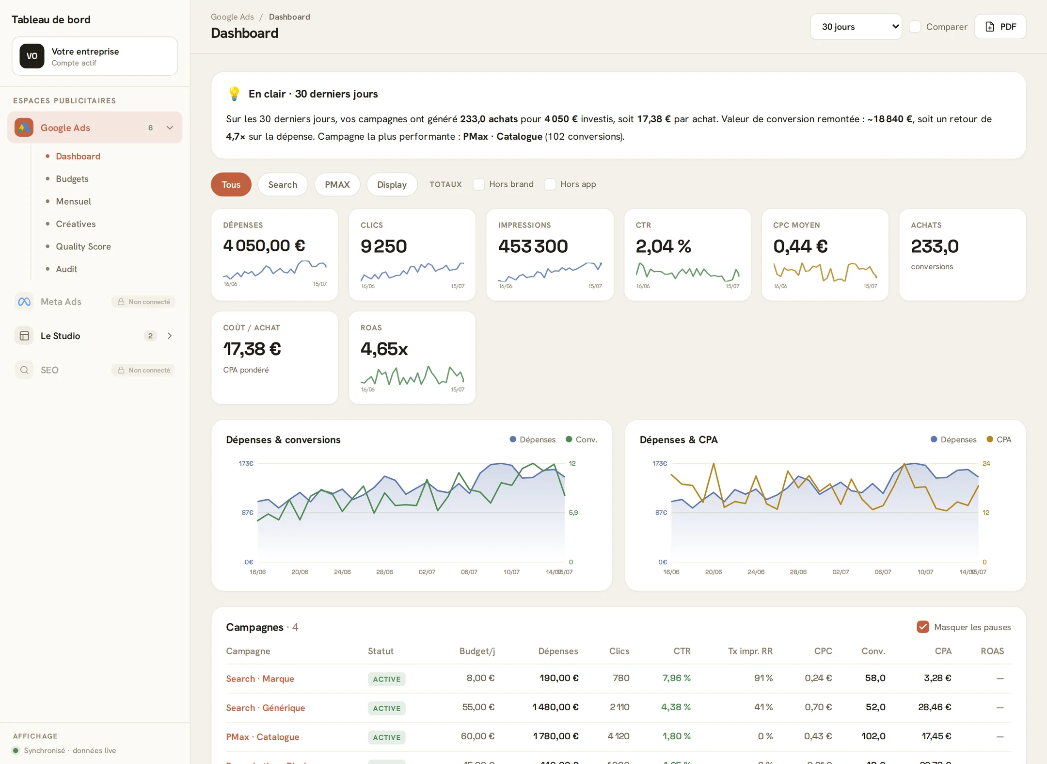 Aperçu du portail client : indicateurs, courbes et campagnes Google Ads