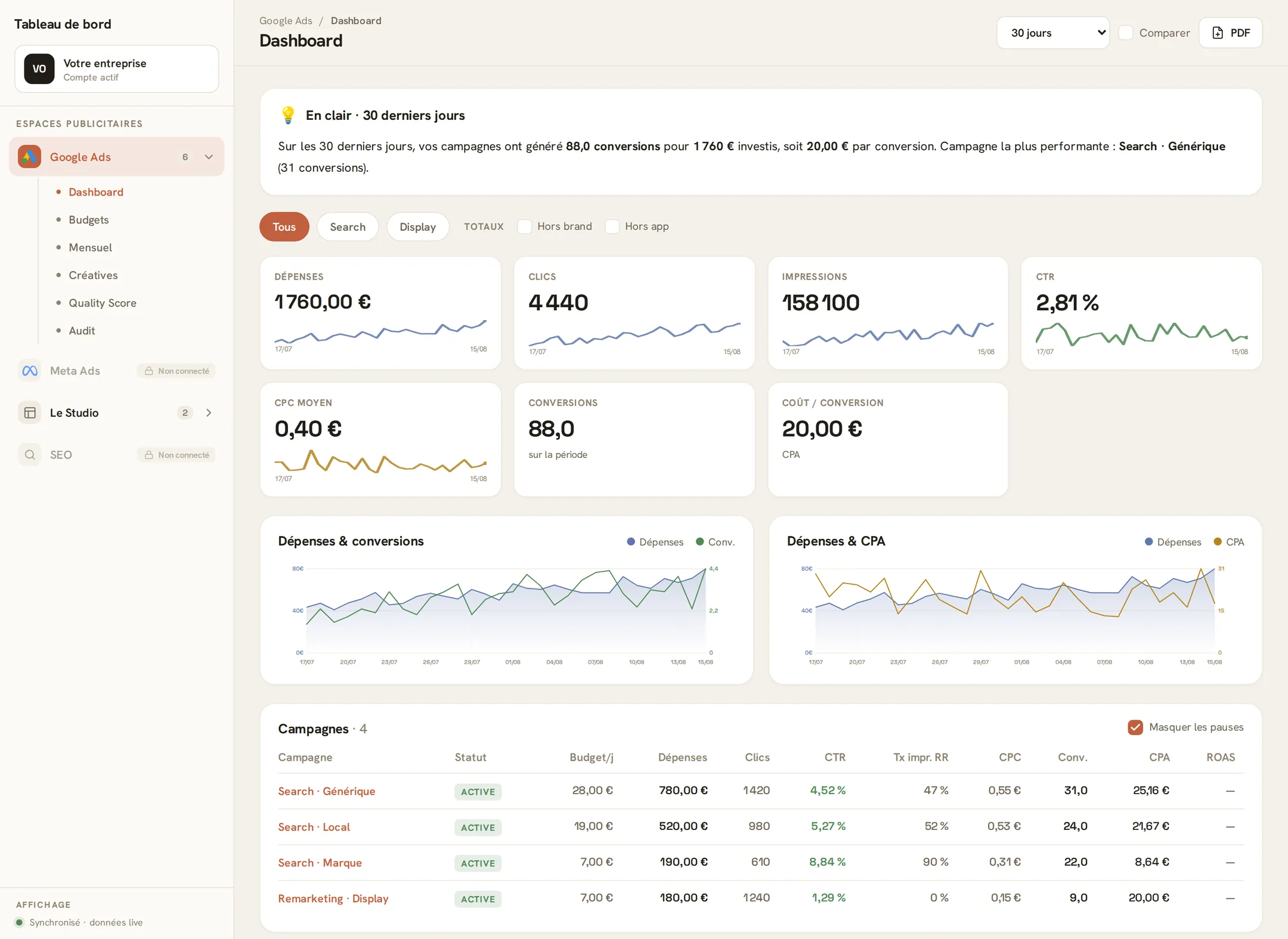 Portail de suivi client : conversions, coût par conversion et détail des campagnes