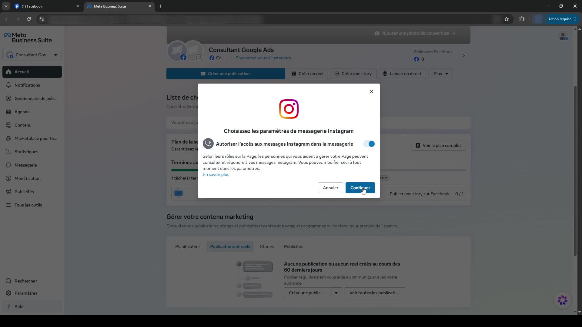 Création d'un Business Manager Meta, étape 2 : Connecter le compte Instagram