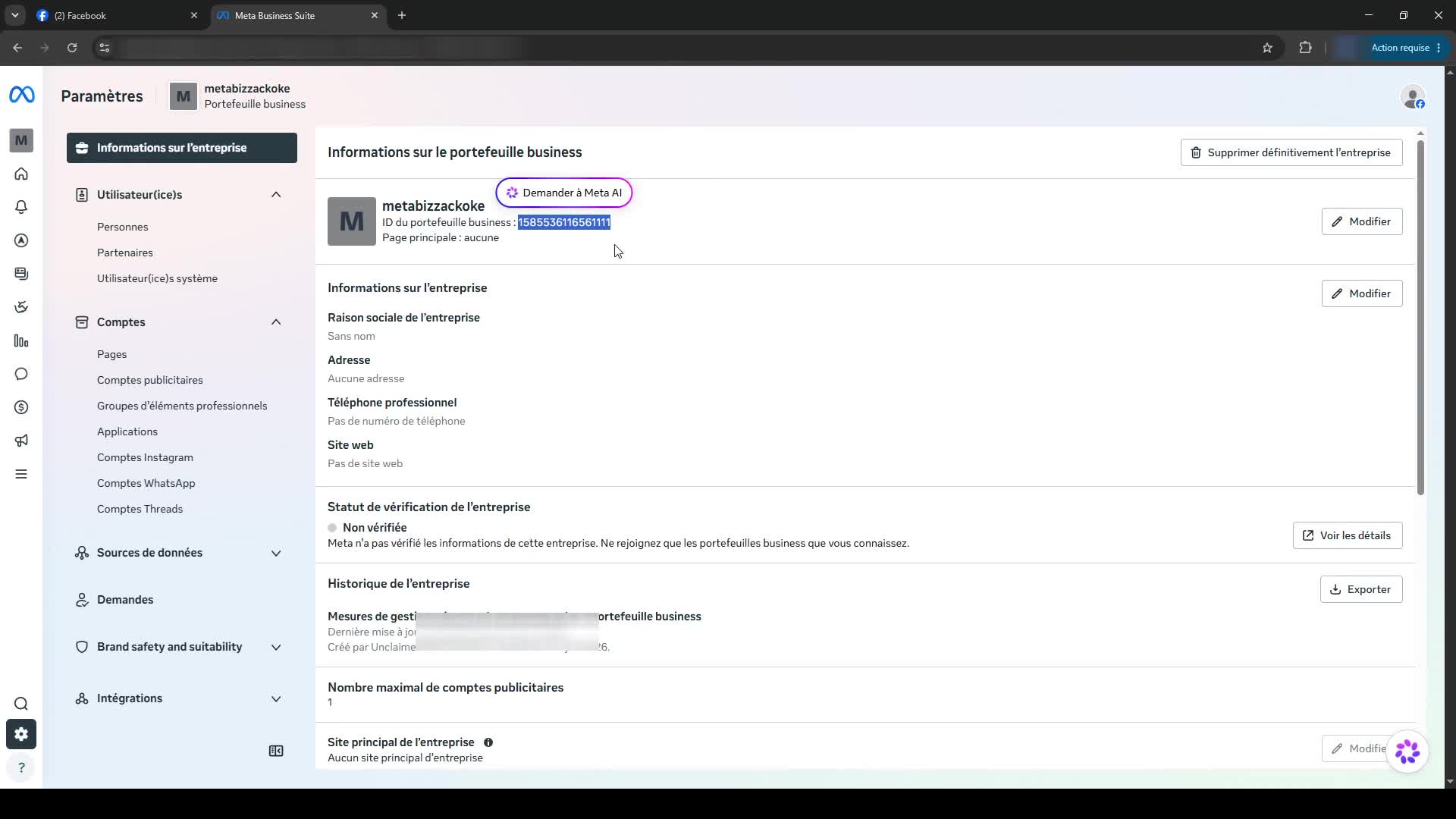 Création d'un Business Manager Meta, étape 4 : Informations et ID du portefeuille