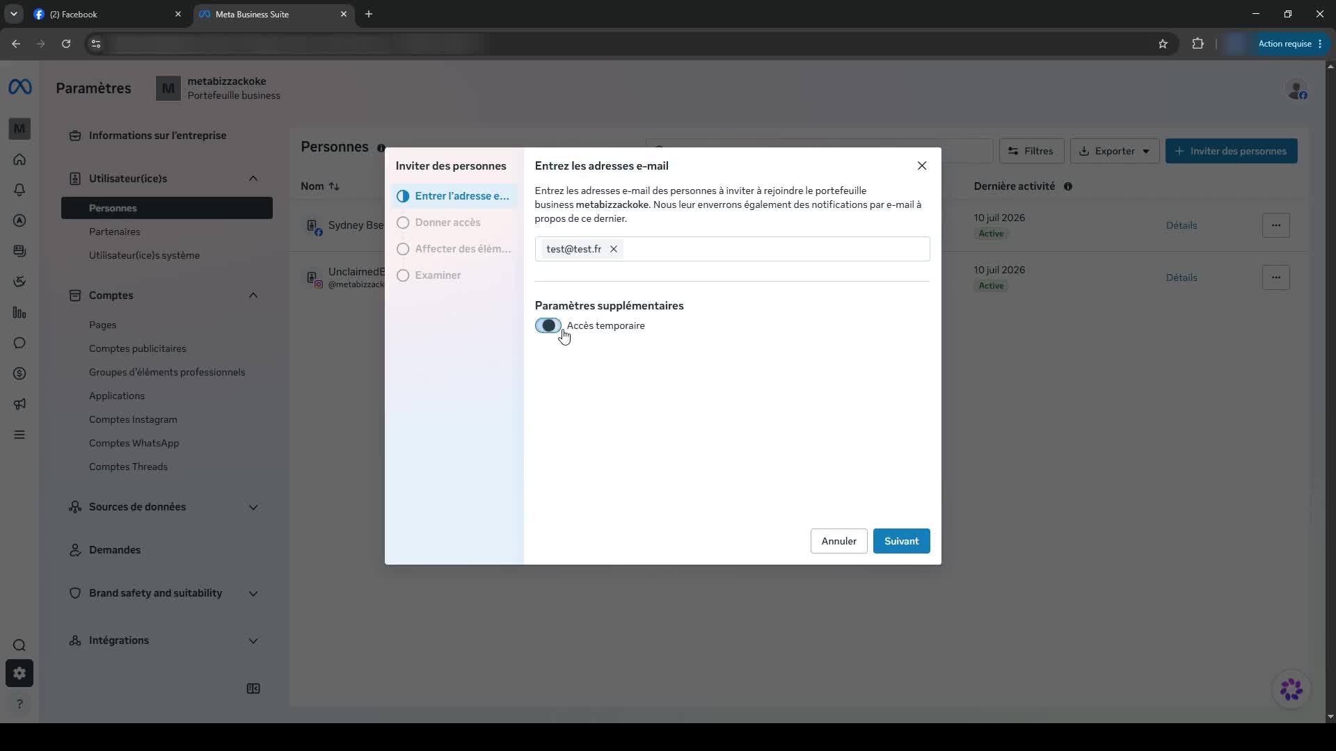 Création d'un Business Manager Meta, étape 5 : Inviter des personnes