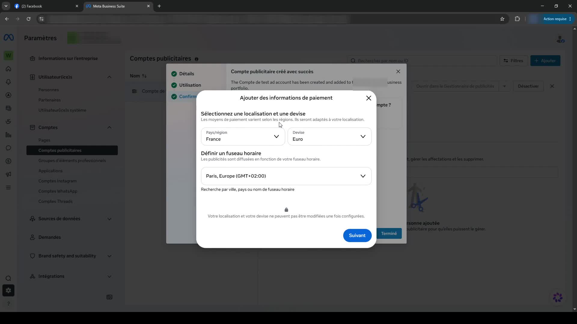 Création d'un Business Manager Meta, étape 8 : Ajouter le moyen de paiement