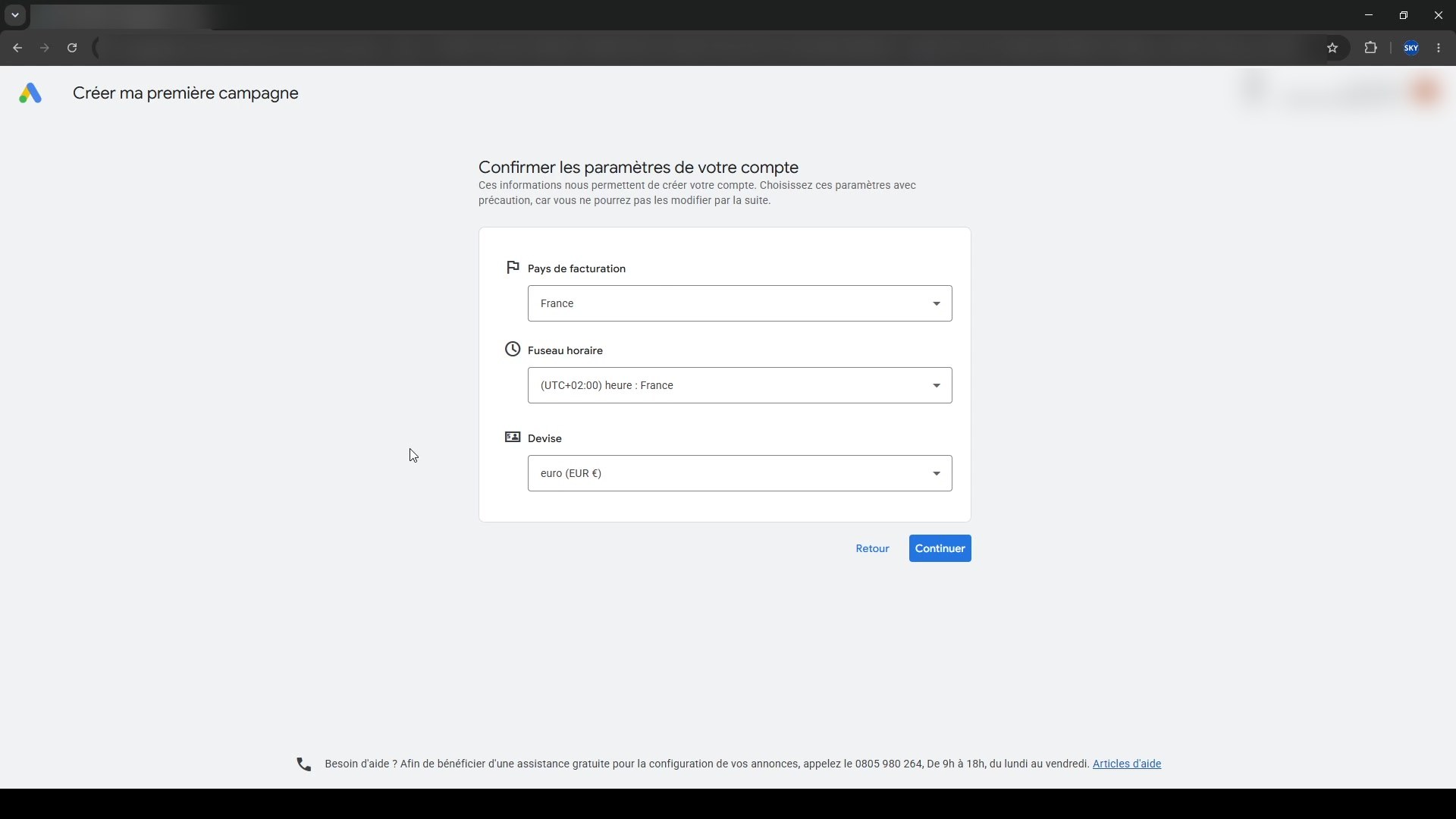 Création d'un compte Google Ads, étape 4 : Configurer le pays de facturation, le fuseau horaire et la devise