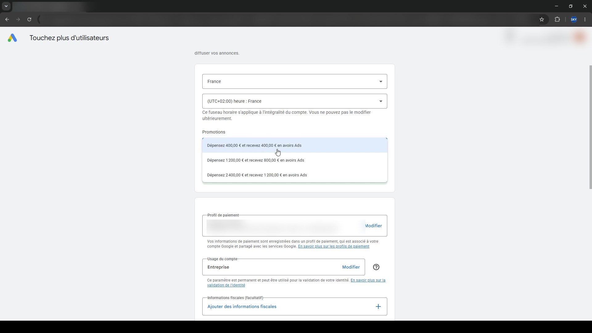 Création d'un compte Google Ads, étape 5 : Choisir votre offre promotionnelle Google Ads