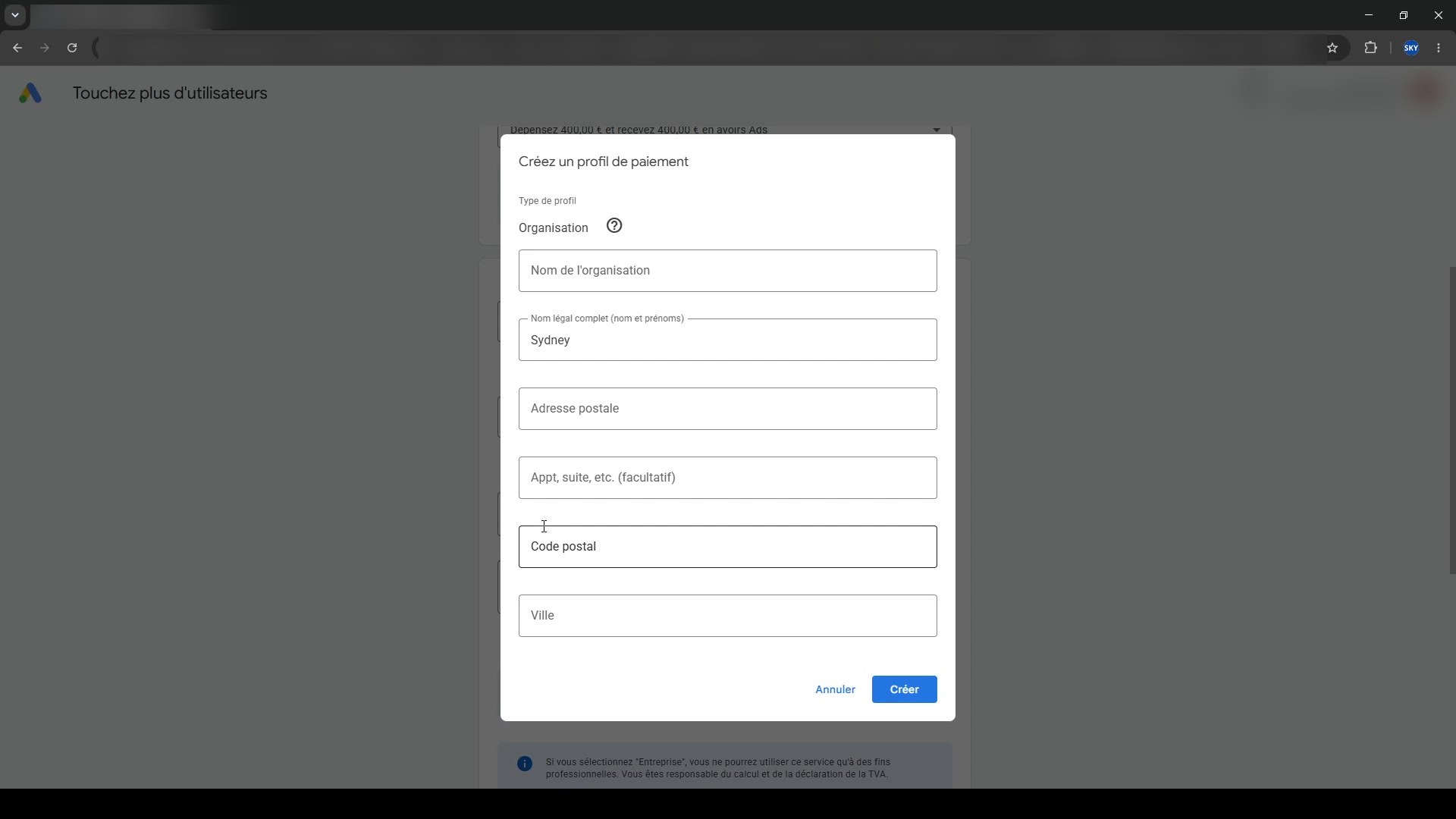 Création d'un compte Google Ads, étape 6 : Créer un profil de paiement et ajouter un moyen de paiement
