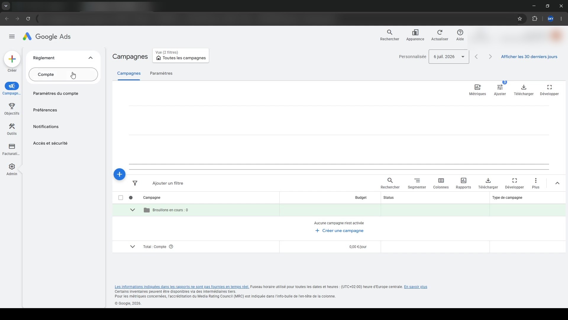 Création d'un compte Google Ads, étape 7 : Valider le compte dans les paramètres Admin