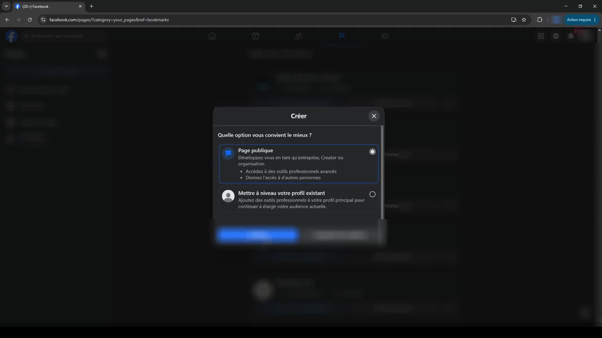 Création d'une page Facebook professionnelle, étape 2 : Accéder à la création de page