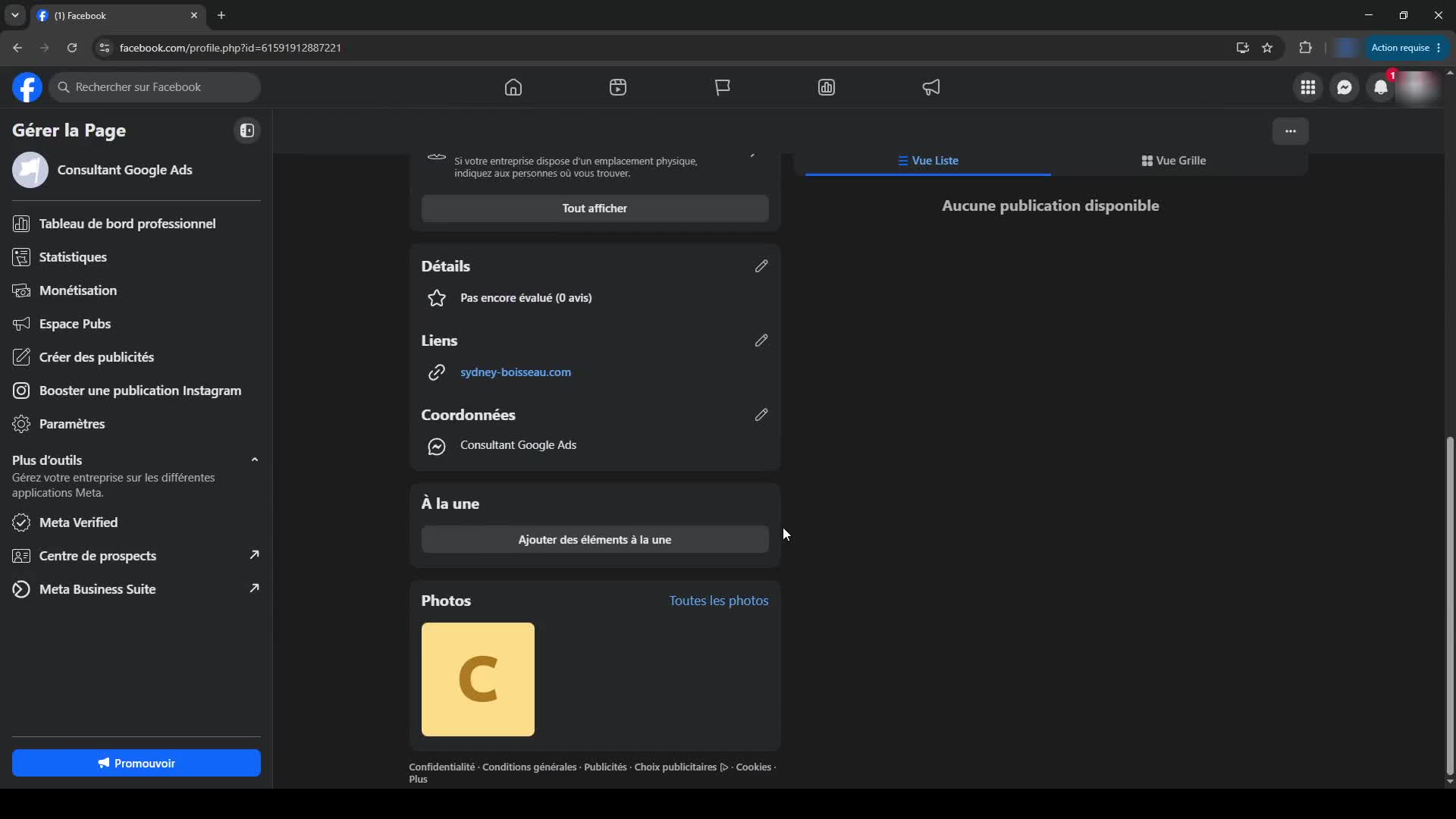 Création d'une page Facebook professionnelle, étape 7 : Le tableau de bord professionnel